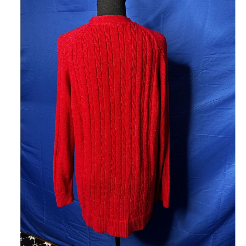 Lands End Womens Red Cable Knit Cardigan Sweater L Preppy Classic Academia Wool - Picture 2 of 12
